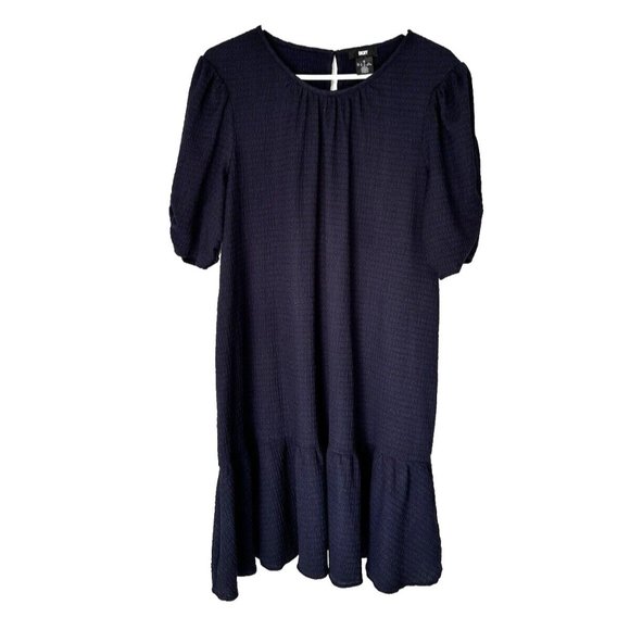 DKNY‎ Blue Navy Short Puff Sleeve Trapeze Dress Size 10 Crinkle Fabric - Picture 1 of 8